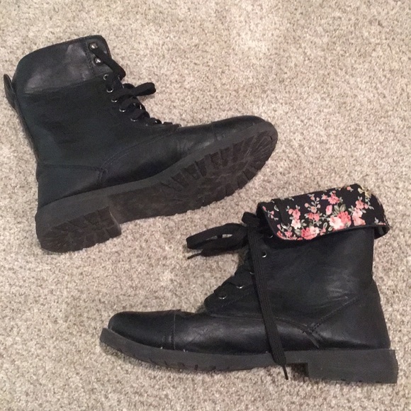 black floral combat boots